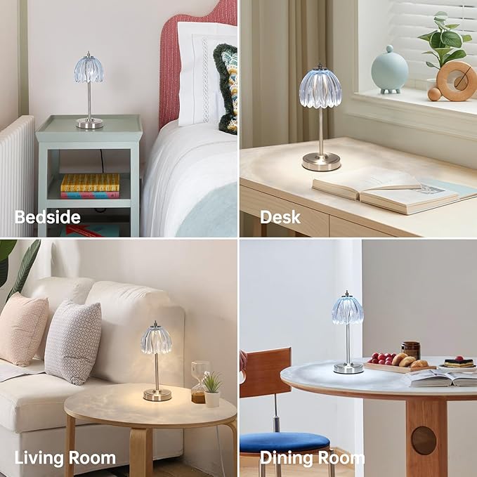 Tulip Table Lamp with 5200mAh Battery & Touch Control, Cordless Small Table Lamp with 3 Colors, Dimmable Rechargeable Table Lamps for Living Room, Bedroom, Bedside (Clear Light Blue Tulip)