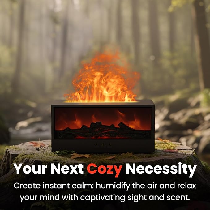Fireplace Flame Diffuser Air Humidifier, Essential Oil Diffuser with 7 Colors Light & Timer, Auto-Off Ultrasonic Cool Mist Aroma Humidifier for Home, Bedroom, Office, Yoga(Black)