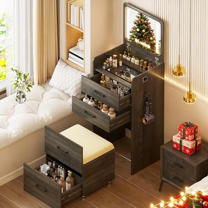HNEBC HNEBCVanity Desk with Plip Top LED Mirror,3 in 1 Small Dressing Table Set with Visible Glass Desktop,Rustic Oaky Compact Vanity with 3 Drawers,Storage Compartment and Padded Stool,for Bedroom