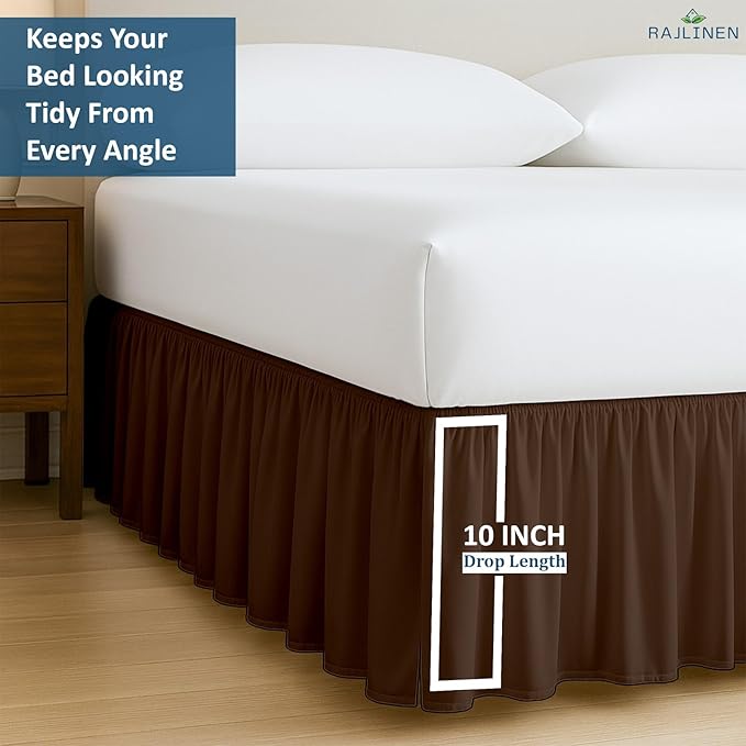 Rajlinen Ruffled Bed Skirt King, 10 Inch Drop Dust Ruffle with Split Corners, 100% Microfiber Bedskirt with Platform, Three-Sided Coverage Ruffled Gathering Design, Chocolate