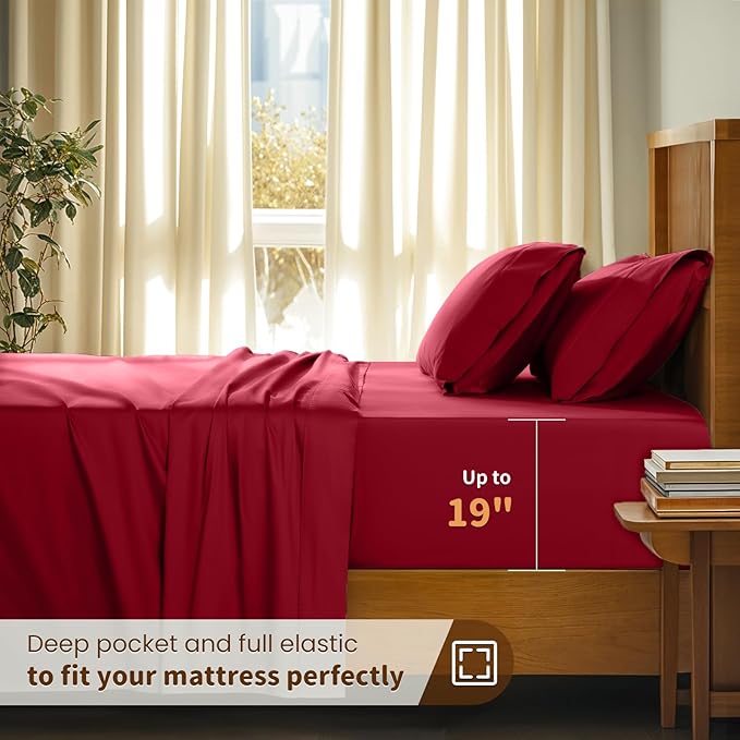 LBRO2M 100% Cotton Sheets Set Deep Pocket 19", 1000 Thread Count California King Size 4 Piece Bed Sheet Sets Soft Comfortable Bedding All Season (California King, Burgundy)