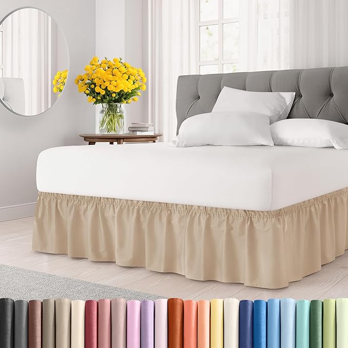 Wrap Around Dust Ruffle Bed Skirt - Cream - for King Size Beds with 18 Inch Drop - Easy Fit Elastic Strap - Adjustable Pleated Bedskirt w/Brushed Fabric - Wrinkle Free - for Women, Men, Kids & Teens