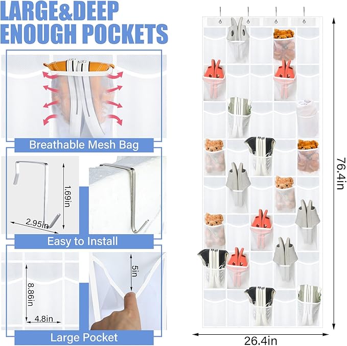 Windyun 40 Over the Door Shoe Organizer Large Breathable Mesh Pocket Clear White Hanging Shoe Rack for Closet Behind Door Hanger Storage Holder Nonslip Hook for Women Men Entryway Bedroom Utility Room