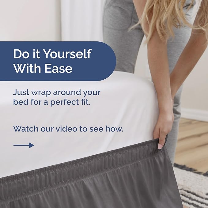 Wrap Around Dust Ruffle Bed Skirt - Dark Grey - for King Size Beds with 15 Inch Drop - Elastic Strap - Adjustable Pleated Bedskirt with Brushed Fabric and Wrinkle Free - for Women, Men, Kids & Teens