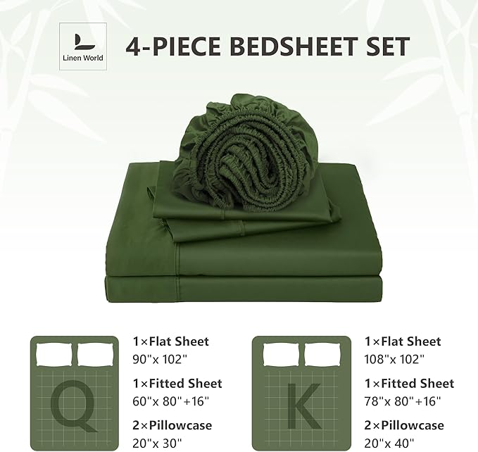 Linen World King Size 400TC Cooling Bed Sheet Set - 100% Organically Grown Viscose Sheets, Silky Soft & Breathable, Deep Pocket Fits Up to 16", 4-Piece Sheets with Pillowcases,Juniper Green
