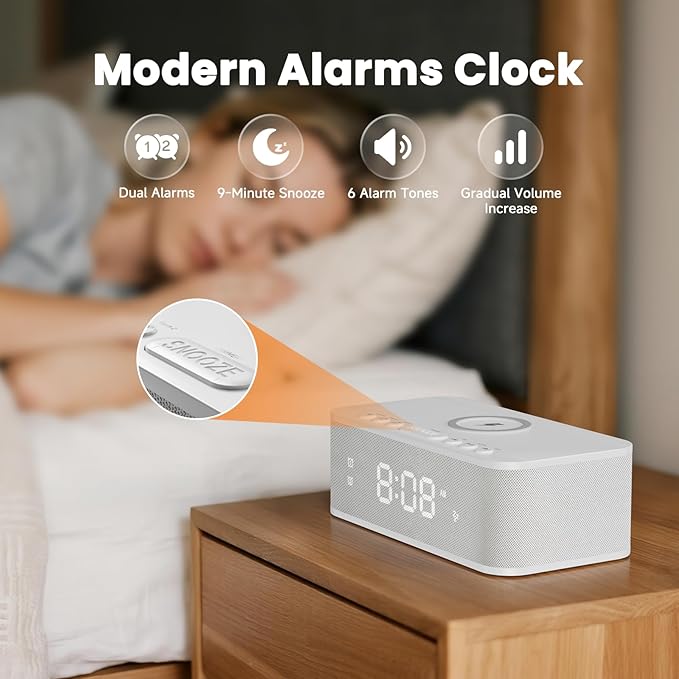 Digital Alarm Clock White Noise, Loud Digital Alarm Clocks Bedrooms, Alarm Clock Speaker Wireless Charger AUX USB Bluetooth Speaker 12/24H Dual Alarm Snooze Adjustable Brightness, White