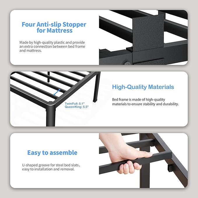 ROIL 10 Inch King Bed Frame with Rounded Corner Low Profile Metal Platform 3500LBS Heavy Duty Steel Slats No Box Spring Needed Noise-Free Easy Assembly