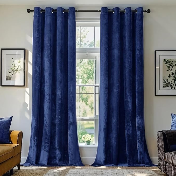 SMILETIME Navy Blue Crushed Velvet Curtains 52x108 inch Luxurious Thermal Insulated Soundproof Drapes for Living Room Bedroom Office Soft and Durable Light-Filtering Window Treatments, 2 Panels
