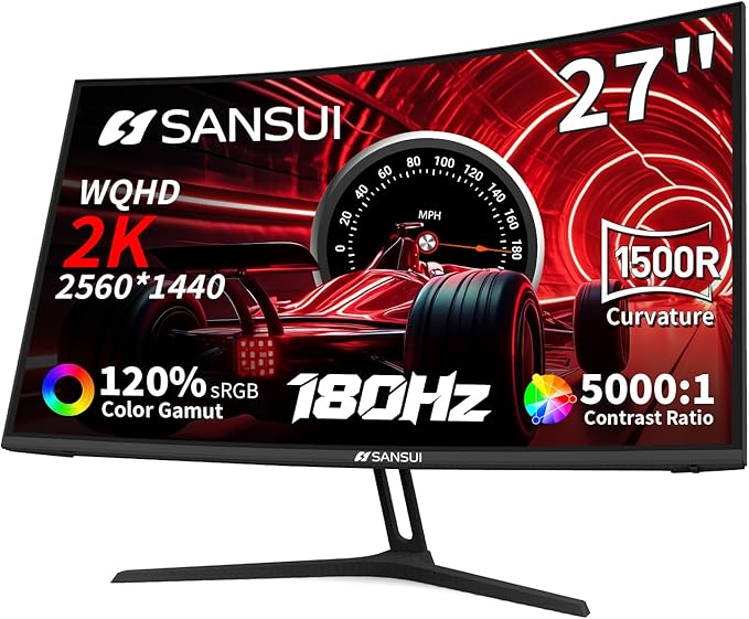 SANSUI 27 Inch WQHD 2560X1440 Curved Gaming Monitor, 180Hz MPRT 1ms Computer Monitor,HDMI2.0 * 2, DP1.2 * 2, Freesync, Curved 1500R, 5000:1 Contrast Ratio, 120% sRGB,HDR(ES-G27C1Q DP Cable Included)
