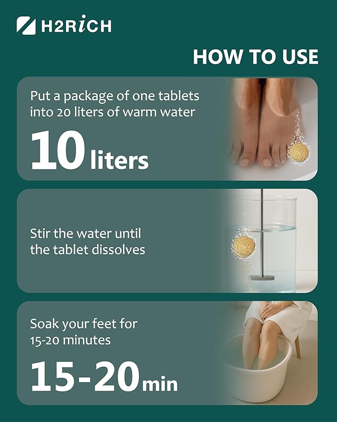 Hydrogen Foot Soak Effervescent Tablets 6 Pack | Ginger & Mugwort Herb Foot Bath, Relaxing Spa Pedicure Care | Improves Circulation, Soothes Tired Feet, Softens Calluses, Controls Odor