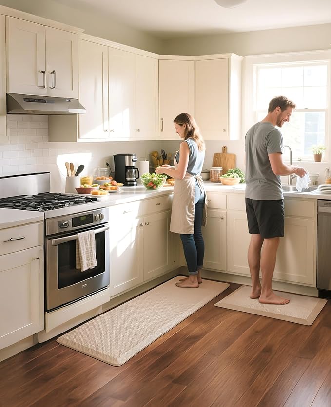 Ophanie Kitchen Mats for Floor, 3/4 Inch Thick Kitchen Rugs, 24'' x 70'' Anti Fatigue Standing Cushioned Mat, Waterproof,Comfort Ergonomic Mat for Office, Home, Sink, Beige Non-Slip Bottom