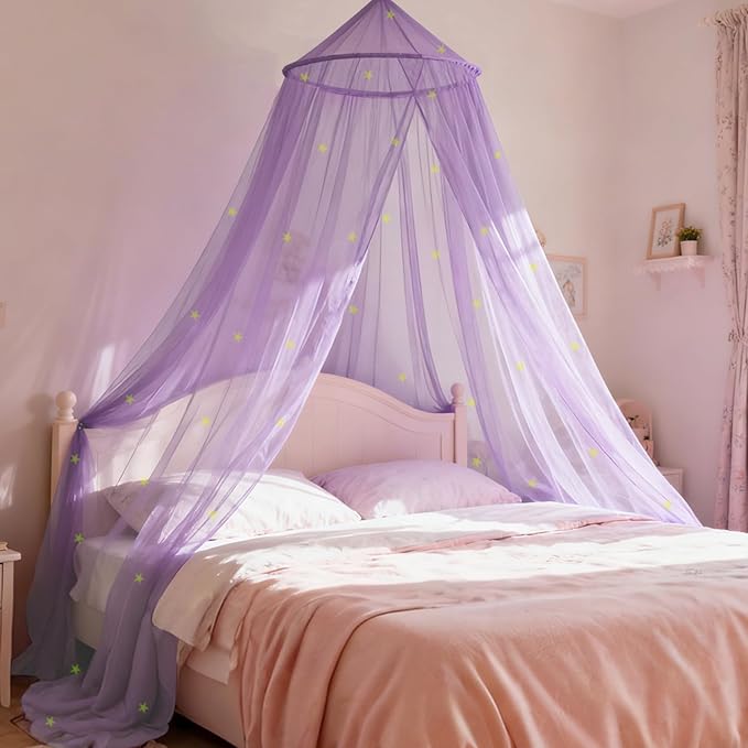 Purple Princess Bed Canopy for Girls with Glowing Stars, Canopy Bed Curtains for Twin, Full, and Queen Sizes; Ceiling Tent for Reading Nooks, Mosquito Net for Indoor Room Decor and Outdoor Use