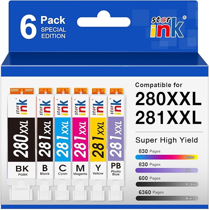 PGI-280XXL CLI-281XXL Replacement for Canon 280 and 281 Ink Cartridges Compatible for Canon TR8620a Ink Cartridges Work for TS9120 TS8120 TS8220 TS8320 TR8620 TR8520 (PGBK,BK,C,M,Y,PB) 6 Color Pack