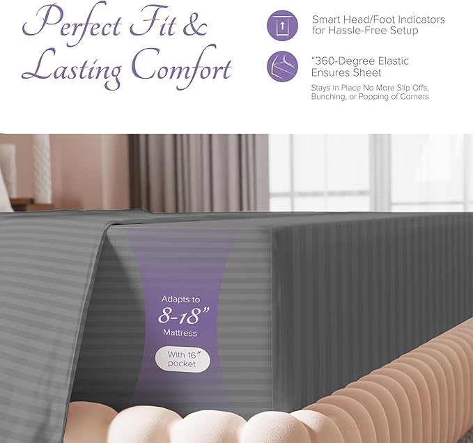 Carressa Linen Luxury Egyptian Cotton Twin Stripe Sheet Set - 600 Thread Count Extra Long Staple 3 PC Set, Twin Damask Sheet, Soft, Cooling Sateen Weave Striped Sheets Upto 18" Deep Pocket - Dark Grey
