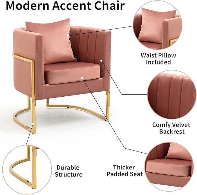 Velvet Modern Accent Chair, Upholstered Barrel Armchair Mid Century with Pillow for Living Room, Comfy Single Vanity Chair with Metal Gold Legs for Bedroom, Pink