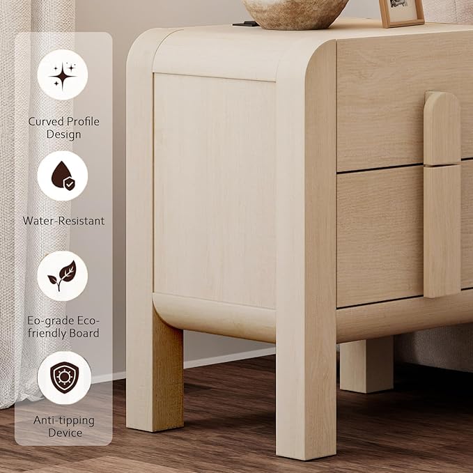 WAMPAT 23.7" Tall Modern Nightstand with Charging Station,Wood Bedside Table w/2 Storage Drawers,Curved Profile Design,Sofa Side Table End Table for Bedroom, Living Room, Beige