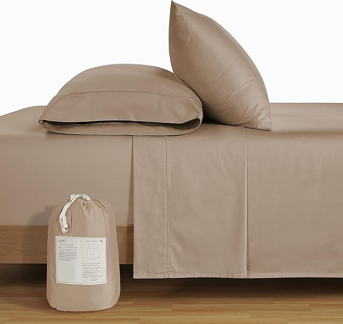 LANE LINEN 600 Thread Count 100% Mercerized Cotton Twin Sheets Set - Soft & Comfy Bed Sheets Set, Mercerized Cotton Sheets Set Twin Size, 15" Deep Pocket Twin Bedding Sheets & Pillowcases Set - Taupe
