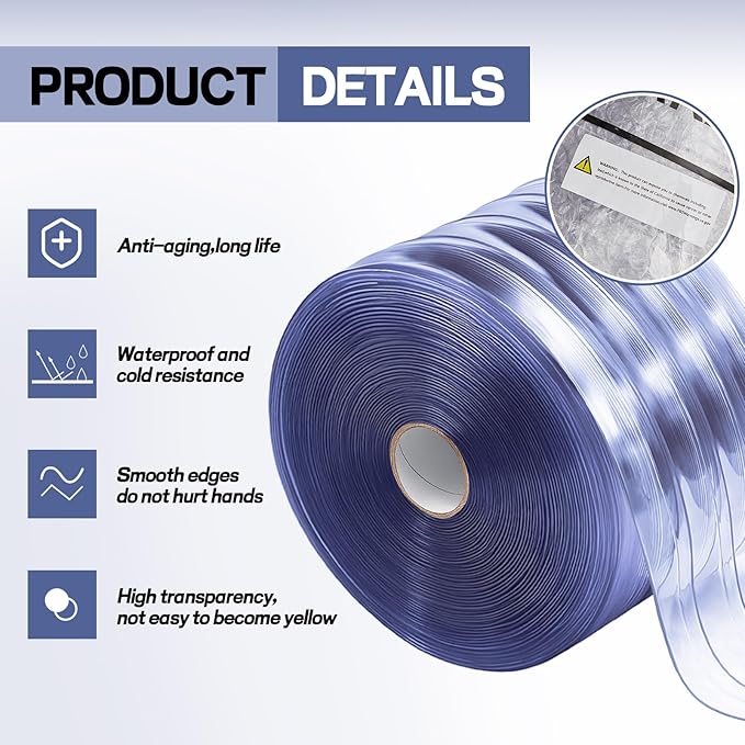 Moukeren Plastic Door Curtain for Winter 200 ft x 8 Inch Thermal Insulated Garage Door Strip Curtains Smooth Waterproof Clear PVC Strip Curtain for Warehouse Freezer, 0.08" Thickness (Striped)