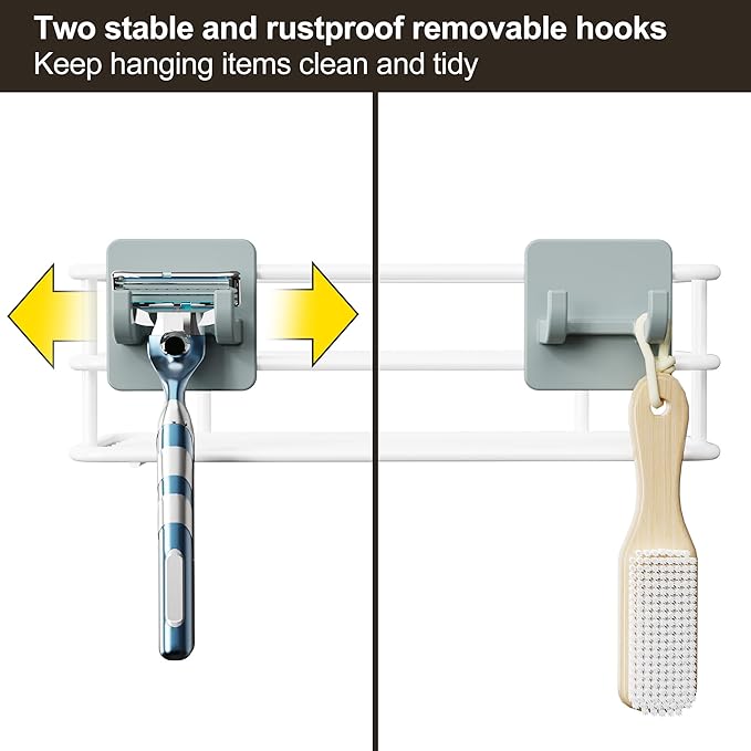 Orimade Adjustable Anti-slip Shower Caddy over Head, Rustproof Bathroom Hanging Shower Organizer with 2 Hooks for Razor, No Drilling Shower Shelves Storage Rack 3 Tier, White