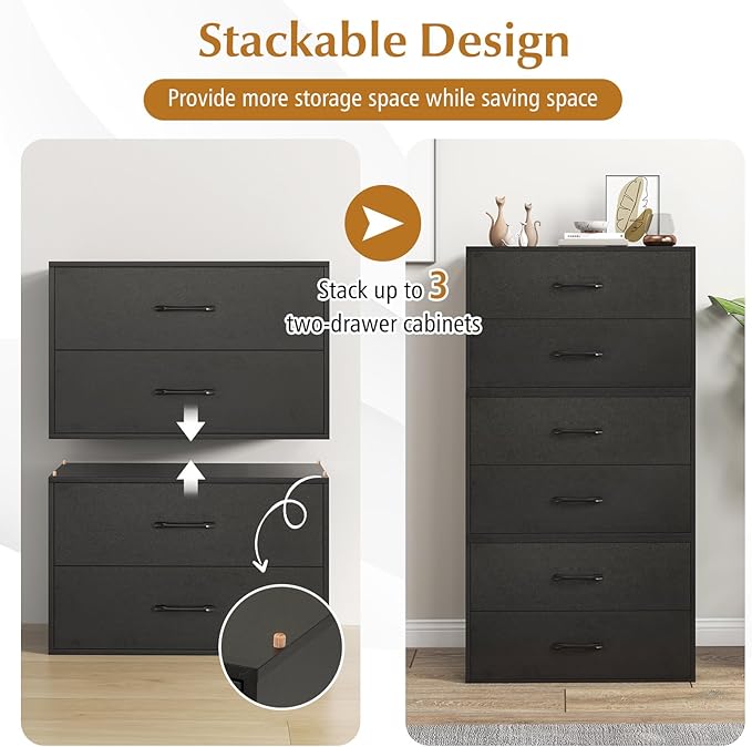 Giantex Stackable Drawers for Closet, 2-Drawer Short Dresser, Multi-Purpose Storage Cube with Anti-Scratch Pads, Anti-Tipping Devices, Storage Cabinet for Living Room, Entryway, Home Office (1, Black)