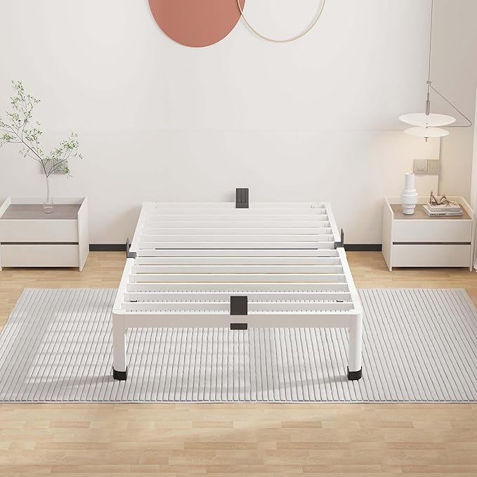 ROIL 10 Inch White Twin Bed Frame with Rounded Corner and Mattress Retainers, 3500LBS Heavy Duty Steel Slats No Box Spring Needed Platform Noise-Free Easy Assembly