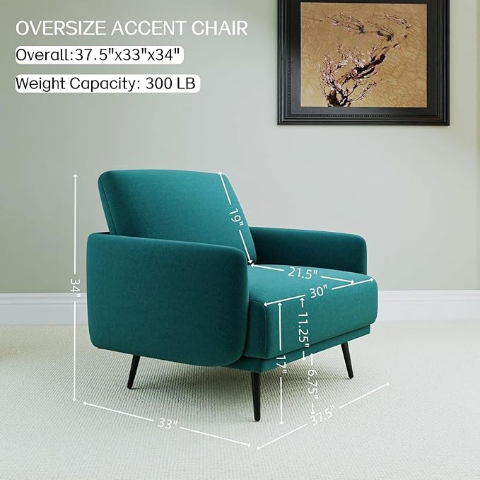 Oversized Accent Chair for Living Room Cozy Reading Chairs Mid-Century Modern Accent Chairs Armchair with Metal Legs Single Sofa Chair for Home Office (Set-of-2, Velvet Fabric- Lake Blue)