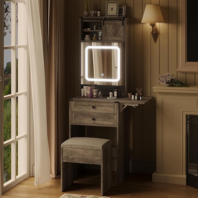 ARTETHYS Farmhouse Small Vanity Desk Set with Mirror Cabinet Compact Makeup Vanities Set with 3 Adjustable Lights and Storage Chair for Compact Space, Gray Dressing Table with Fold-up Panel