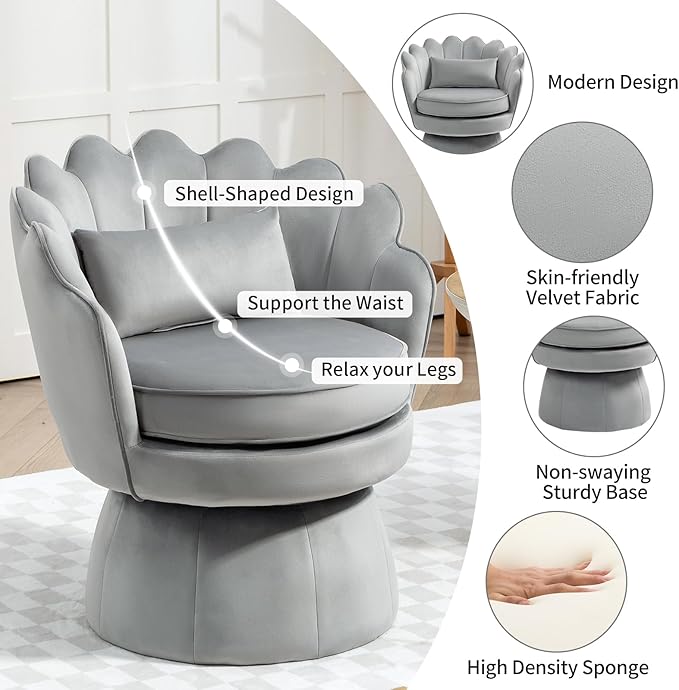 360° Swivel Accent Chair, Mid-Century Modern Velvet Barrel Chair, Comfy Shell Shape Arm Chair with Lumbar Pillow for Living Room, Bedroom, Office, Grey