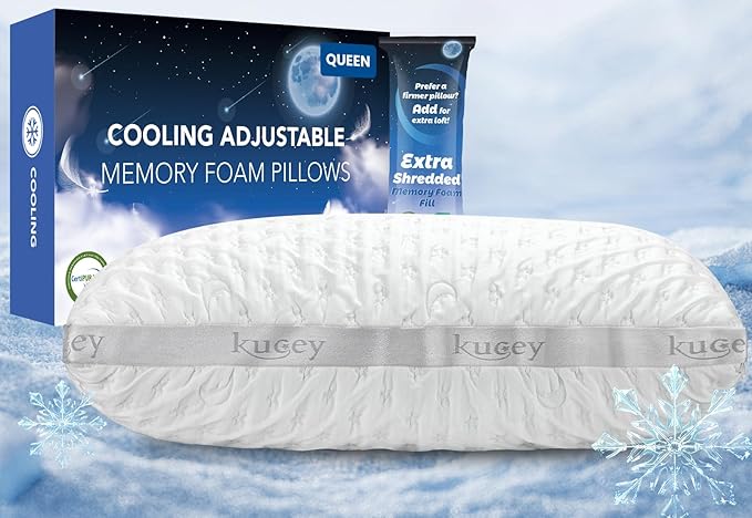 Luxury Cooling Side Sleeper Pillow for Neck and Shoulder Pain, Medium Firm Bed Pillows Queen Size Set of 1 Luxury Shredded Memory Foam for Sleeping Adjustable Washable Cover Crescent White