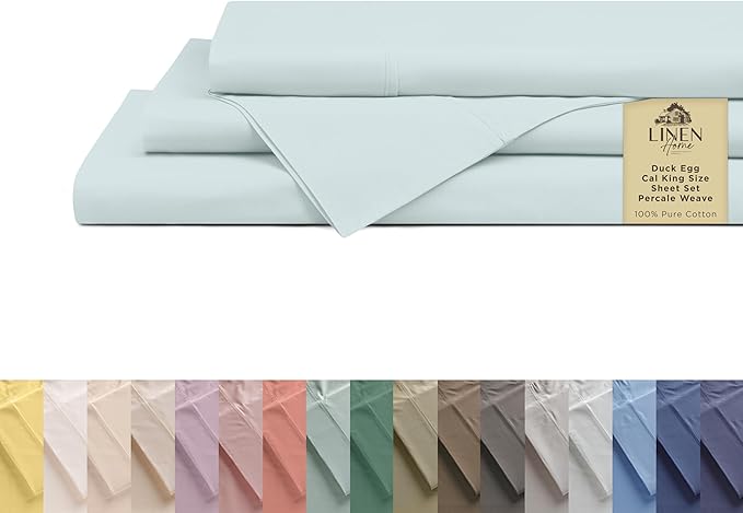 Linen Home 100% Cotton Percale Sheets California King Size, Blue Duck Egg, Deep Pocket, 4 Pieces Set - 1 Flat, 1 Deep Pocket Fitted Sheet and 2 Pillowcases, Crisp Cool and Strong Bed Linen
