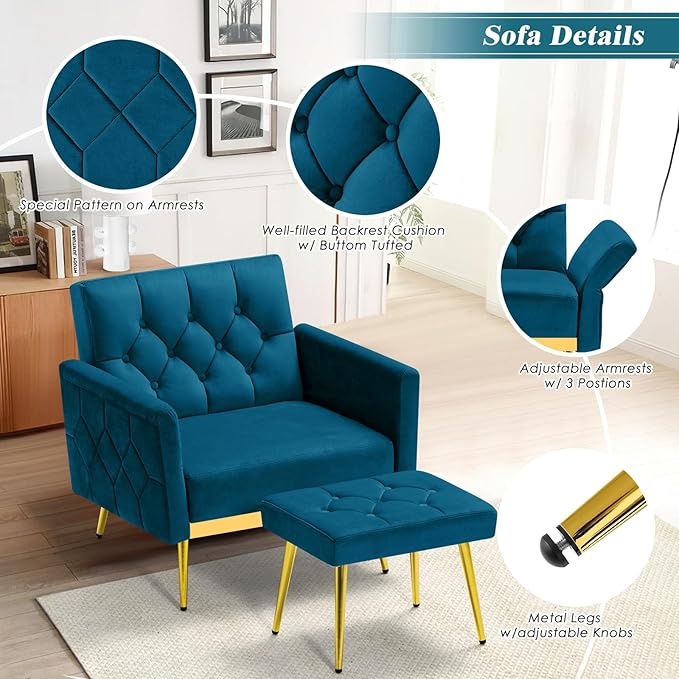 Velvet Accent Chair w/Adjustable Armrests and Backrests, Tufted Single Sofa with Ottoman, Upholstered Reading Chiar for Living Room, Apartment, Bedroom, Teal