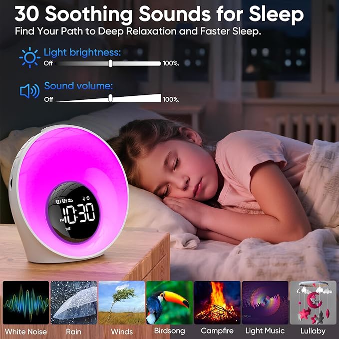Wake Up Light Sunrise Alarm Clock - Sunrise Simulation & White Noise Machine with 30 Soothing Sounds, 14 Color Dimmable Night Light, Dual Alarms for Heavy Sleepers/Adults/Kids, Digital Clock Timer