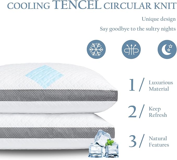 Tencel Pillows Queen Size Set of 2, Shredded Memory Foam Pillows, 20"x30"Cooling Tencel Circular Knit Pillow, Adjustable Bed Pillow for Side, Back, Stomach Sleepers