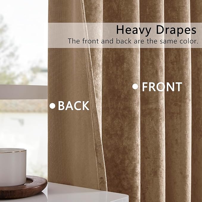SMILETIME Amber Beige Crushed Velvet Curtains 52x90 inch Luxurious Thermal Insulated Soundproof Drapes for Living Room Bedroom Office Soft and Durable Light-Filtering Window Treatments, 2 Panels