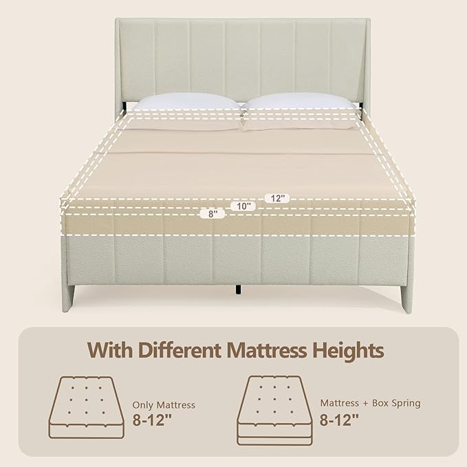 Brafab King Boucle Upholstered Bed Frame with Wingback Headboard, Platform Bed with Wooden Slats, No Box Spring Needed, Easy Assembly, Beige (King (U.S. Standard))