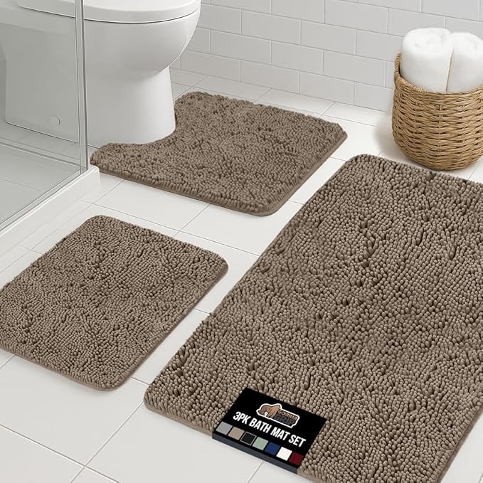 GORILLA GRIP Bathroom Rug Sets 3 Piece, Bath Mat Set and Oval Toilet Base with Rubber Backing, Plush Absorbent Shaggy Chenille Washable Mats, Includes 24x19.5, 24x17 and 36x24 Inch Rugs, Gray Beige