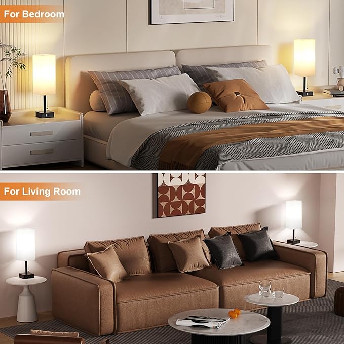 aooshine Bedside Table Lamps Set of 2 - Small White Bedroom Lamps with 3 Color Temperatures (3000K/5000K/4000K), Square Nightstand Lamp with USB C + A Charging Ports, Pull Chain Night Light