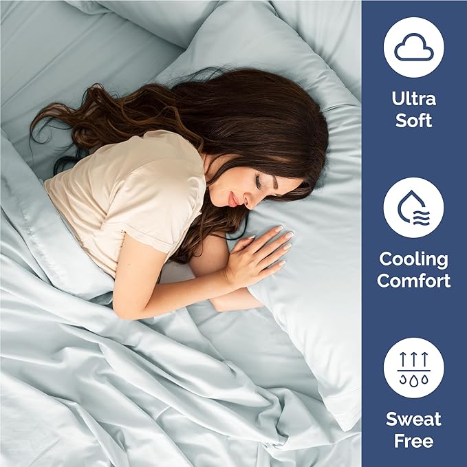 Full 6 Piece Sheet Set - Cooling, Comfy & Breathable - Hotel Luxury Bedding, Includes Fitted Sheet for Women, Men, Kids and Teens - 1 Flat, 1 Fitted Sheet, 4 Pillowcases with Deep Pockets - Ice Blue