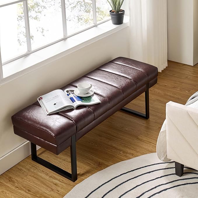 HULALA HOME 53" Faux Leather Entryway Bench, Button Tufted End of Bed Bench Ottoman for Bedroom, Living Room with Metal Base,Brown