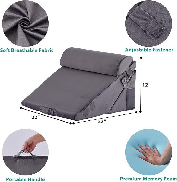 Bedluxe 3Pcs Orthopedic Bed Wedge Pillow Set, Foam Wedge Pillow Post Surgery for Back, Leg and Knee Support, Adjustable 9&12 Inch Folding Triangle Pillow for Sleeping, Acid Reflux, Snoring, Velvet