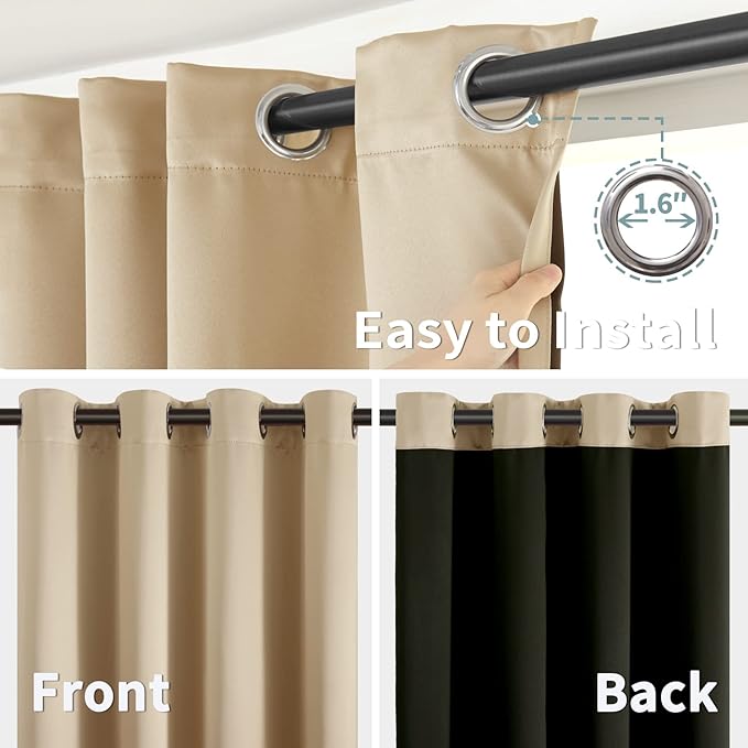 BGment Short 100% Blackout Curtains for Bedroom, Thermal Insulated Energy Efficiency Noise Reducing Grommet Curtains 45 Inch Length with Liner for Small Window 2 Panels Each 52 Inch Wide, Beige