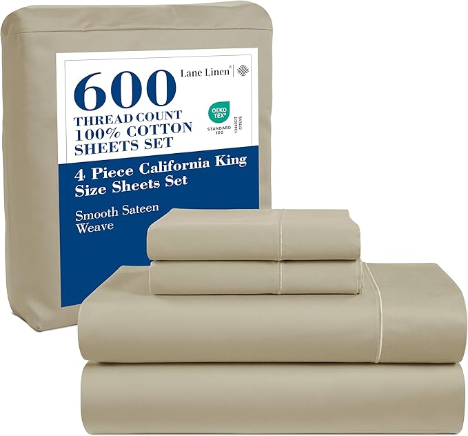 LANE LINEN 600 Thread Count 100% Mercerized Cotton California King Sheet Sets, Ultra Soft & Comfy Sateen Weave, Fully Elasticized Machine Wash Cal King Sheets Set, Naturally Cooling Cotton- Linen