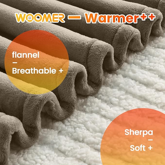 WOOMER Heated Blanket King Size,Durable Flannel and Soft Sherpa,Dual Control,84” × 90” Electric Blanket, 10 Heat Levels&0.5-12h auto-Off, Overheat Protection,Energy Efficient