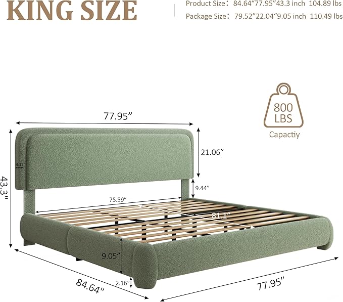 King Size Platform Bed Frame with Headboard, Boucle Upholstered Desige, Anti-Collision Corners, Soft Rounded Corners, No Box Spring Required, Easy Assembly, Noise Free