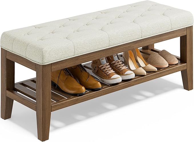 End of Bed Storage Bench, 42.9" Entryway Shoe Bench with Solid Wood Shelf, Upholstered Ottoman with Padded Seat for Bedroom, Hallway and Living Room, Beige