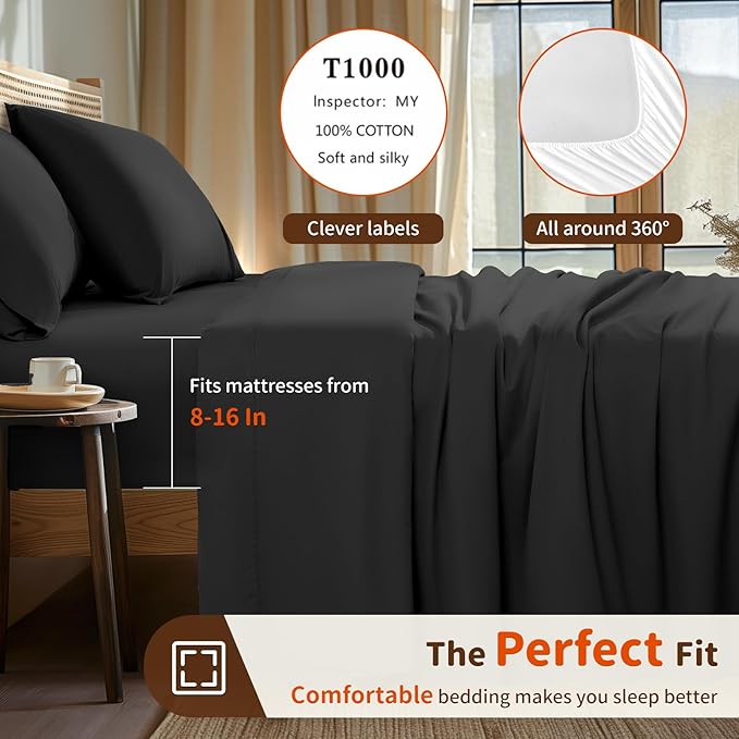 LBRO2M 1000 Thread Count 100% Egyptian Cotton Sheets Set Twin, 3 Piece Sets Bed Sheet Deep Pocket Sheet Set 16" Soft Comfortable All Season (Twin, Black)