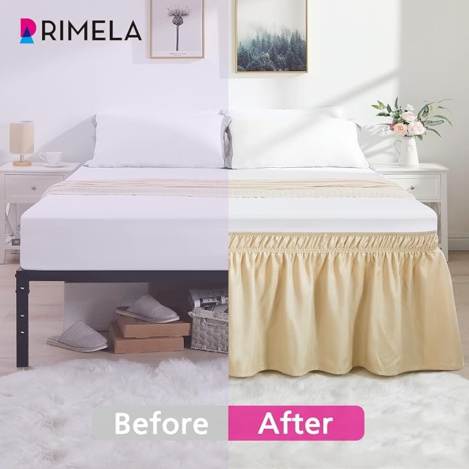 RIMELA Oatmeal Bed Skirt Queen Size 18 Inch Drop, Elastic Bed Skirting for Bed Base and Frame, Bedding Dust Ruffle Easy to Install, Lightweight Wrap Around Adjustable Bedskirt