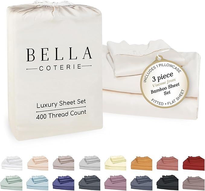 Bella Coterie Luxury Bamboo Viscose Twin Size Sheet Set | 100% Organically Grown | Ultra Soft | Cooling for Hot Sleepers | 18" Deep Pocket [Ivory]