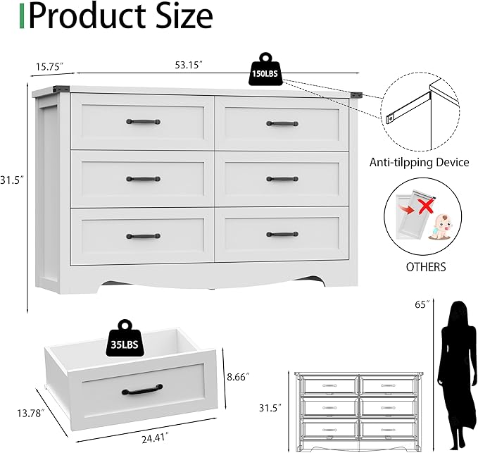 Dresser for Bedroom with 6 Drawers, 54" Wide Wood Chest of Drawers with Deep Drawers & Mental Handle, Modern Dresser TV Stand, Wooden Closet Storage Organizer for Living Room, Hallway, Entryway, White