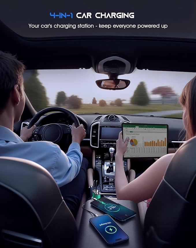 Retractable Car Phone Charger, 4 in 1 Fast Charge Car Phone Charger with 2 Retractable Cables(2.6ft) and 2 USB Ports, Compatible with iPhone15/14/15 Pro Max,Samsung (Bluish Green)